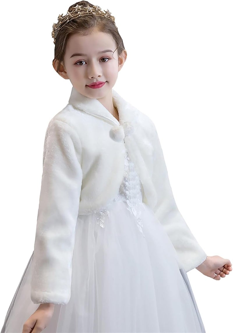 Momooda Girl's Faux Fur Long Sleeve Flower Girls Bolero Shrug Cape Jackets for Wedding - Image 2